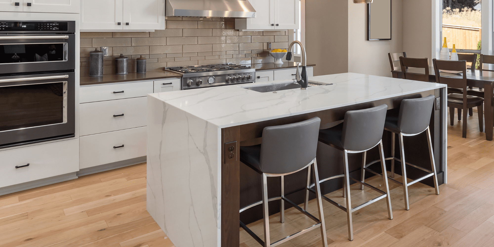 Stock Image of Waterfall Countertop on Island in Kitchen