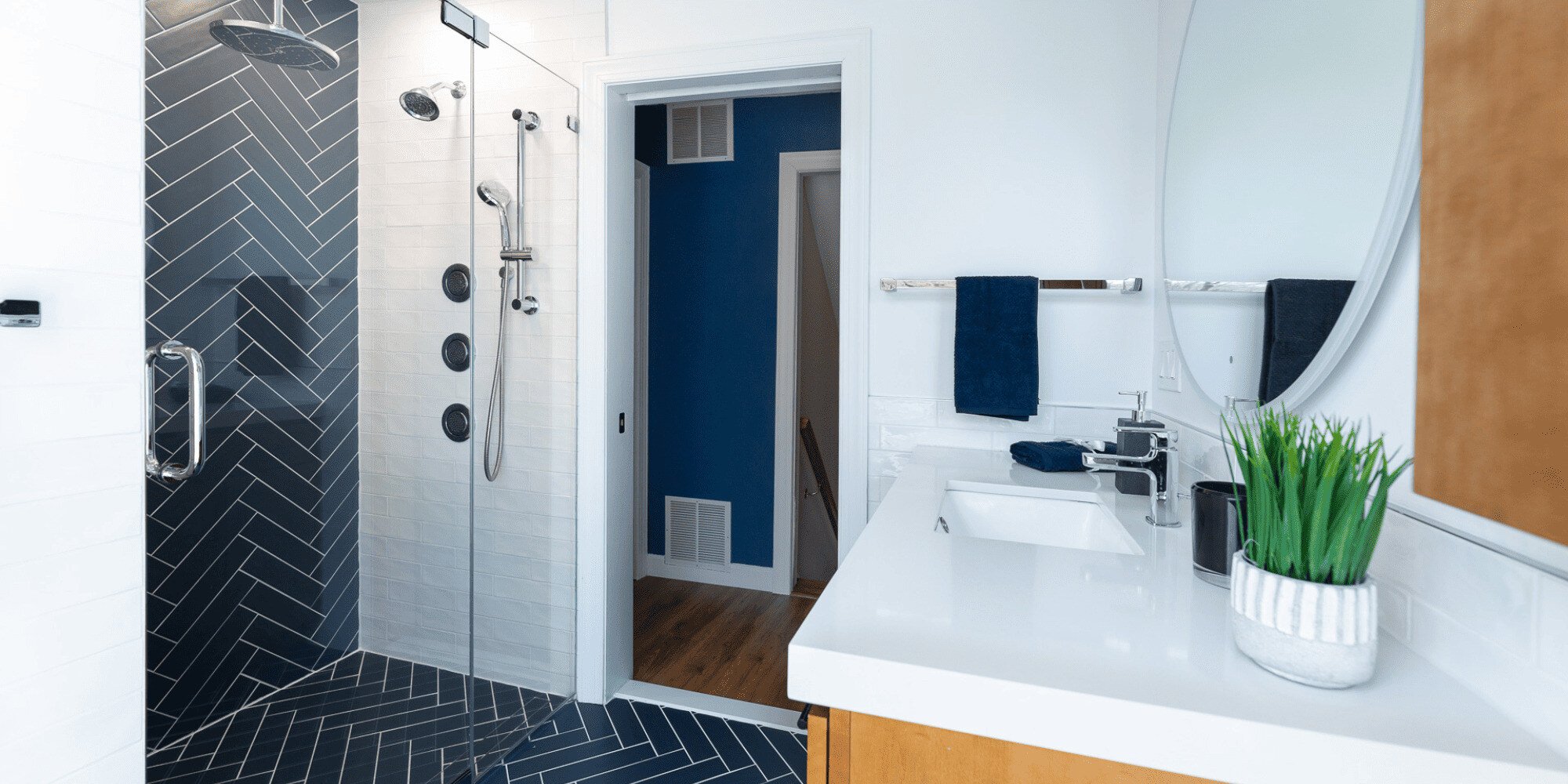 Bathroom Remodel in New Jersey with Tiled Shower and Natural Wood Vanity