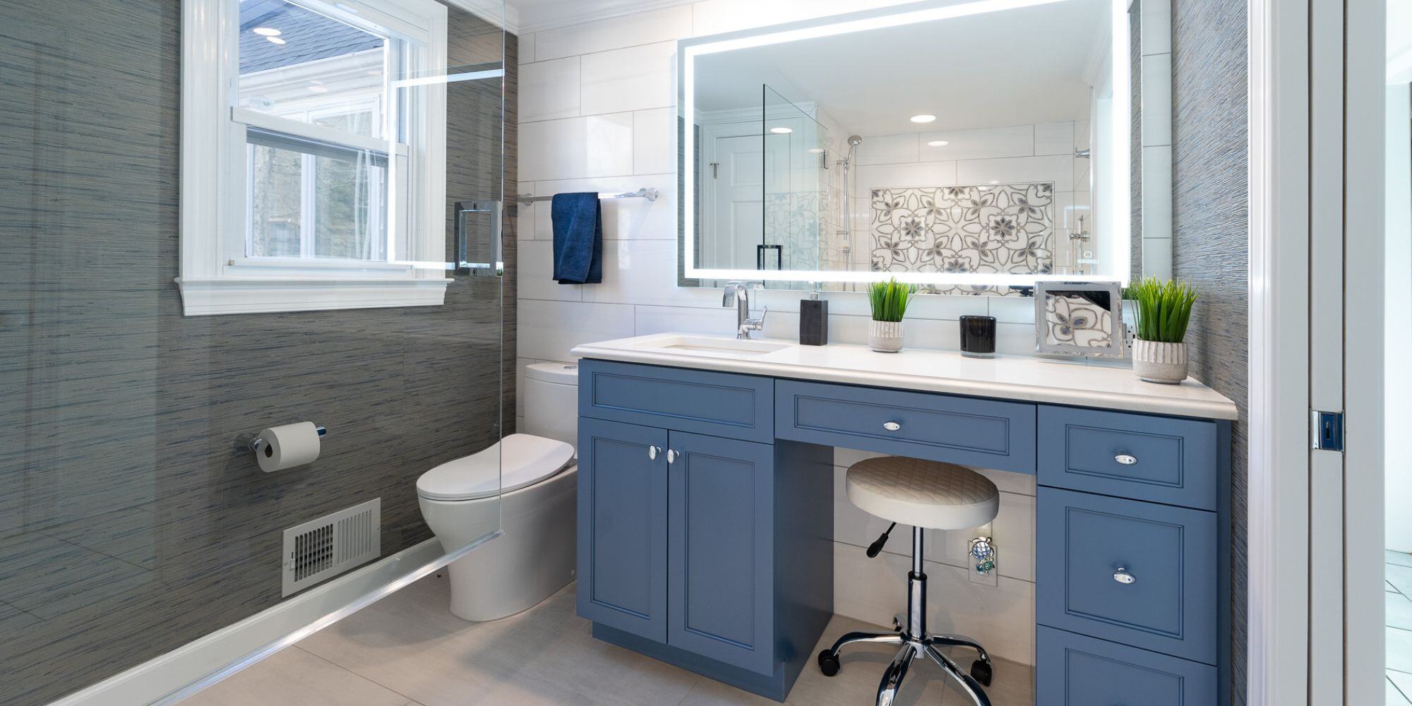 Blue Vanity in Renovated Bathroom in New Jersey