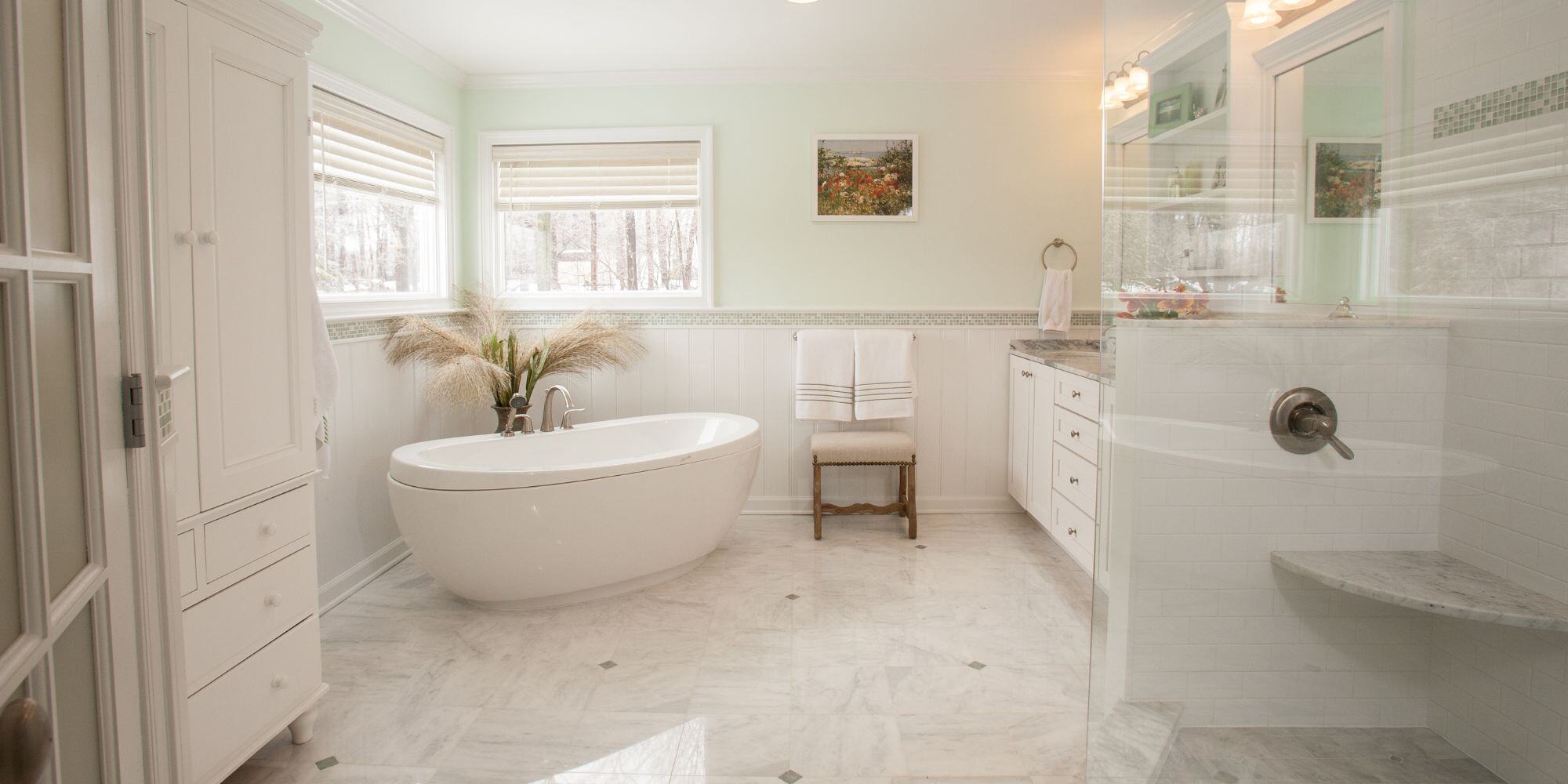 Warm White Bathroom Remodel and Soaking Tub