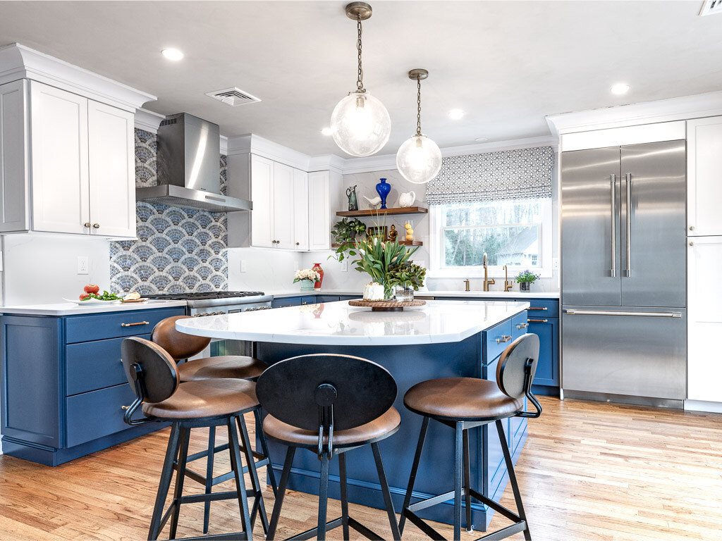 Kitchen in New Jersey Remodel with Blue Cabinets and Tile 